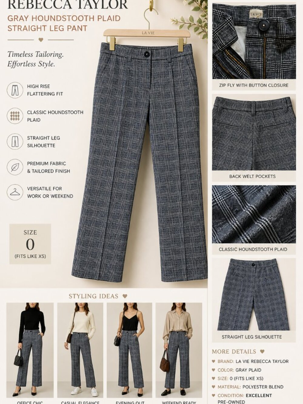 La Vie Rebecca Taylor Gray Houndstooth Plaid Straight Leg High Rise Pant US 27